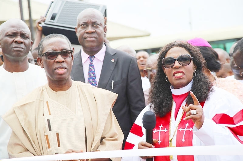 Delta State Governor, Senator Ifeanyi Okowa (left) and Bishop Margaret Idahosa, during the Commissioning of Prayer Tower Building and Water Project by the Governor, at Balm of Gilead, Church of God Mission Benin City.