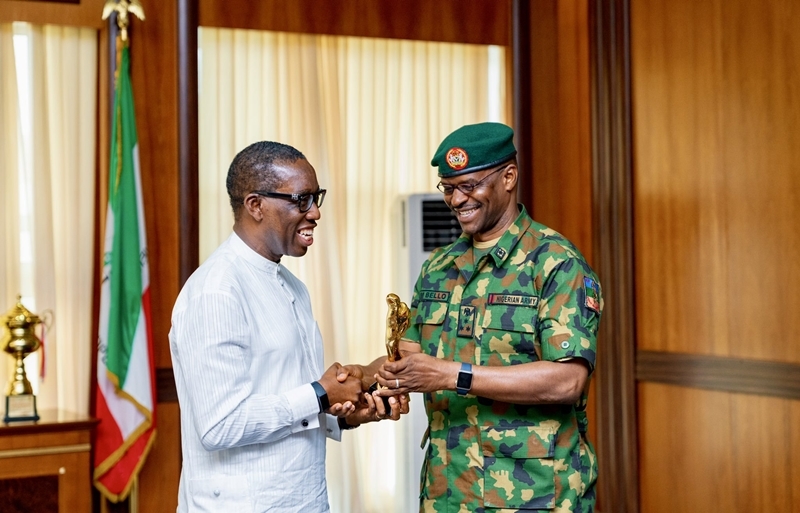 Delta State Governor, Senator Dr. Ifeanyi Okowa (left) Receives Brig. Gen. Usman Bello, during a courtesy call on the Governor, by the Commanding Officer 63 Brigade Asaba, Nigeria Army, in Government House Asaba