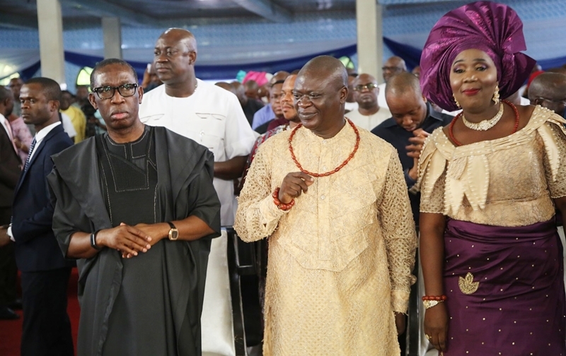 From left;  Delta State Governor, Senator Ifeanyi Okowa; Hon. Ferguson Onwo and his wife Mrs. Antonia, during the Thanksgiving Service in Honour of Hon. Onwo, on his successful election victory as member representing Isoko South 2 Constituency in the Delta State House of Assembly, held at St' Mathew Anglican Church Olomoro.