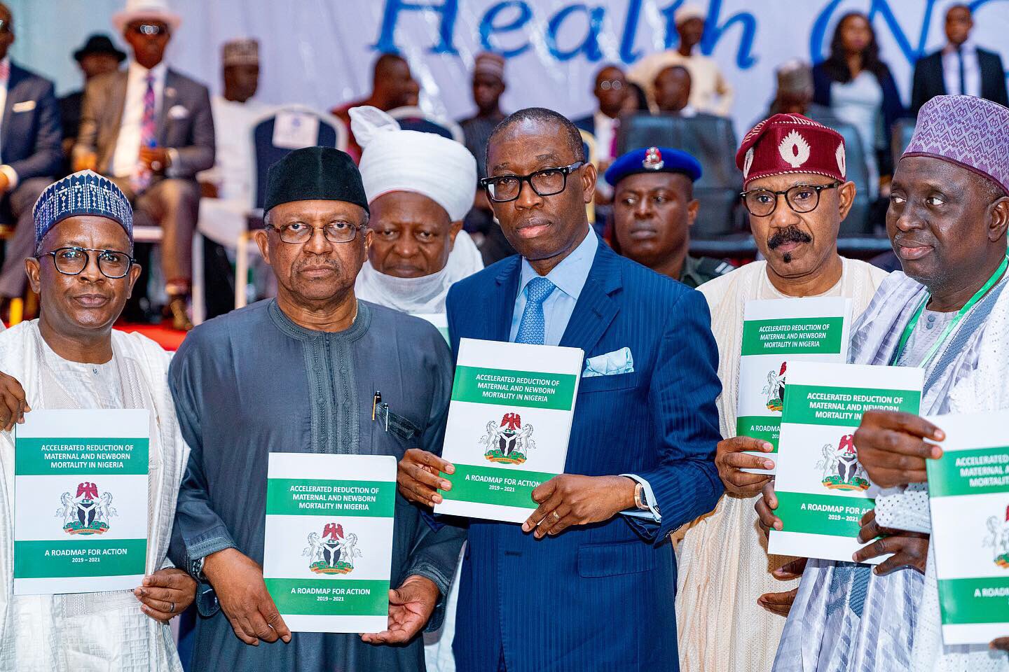 Delta State Governor, Senator Dr. Ifeanyi Okowa (center); Hon. Minister of Health Federal Republic of Nigeria, Dr. Osagie Ehanire (2nd left); Hon. Minister of State for Health, Dr. Olorunnimbe Mamora (2nd right), Others during the 62nd National Council on Health (NCH) Meeting, held at Dome Event Centre Okpanam Road, Asaba Delta State. 