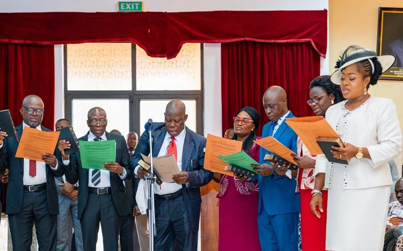 Delta State newly appointed Permanent Secretaries, taking oath of office, during their swearing-in ceremony in Asaba.