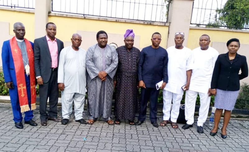 R-L: Miss Uvie Igini, Representative of Delta State Commissioner for Environment, Prof Mohammed Babagara, Engr. K. A Adeniyi, Samuel Ogunjemilusi, HRM, King Emmanuel Warewini Arikawei, Mr. Abbas Suleiman, Representative of the Minister, Federal Ministry of Environment, Mr. Clement Biribai Representative of the Chairman of Burutu Local Government Council, Mr. Victor Ladele and Bishop Joel Adonyai for the Public Review of Environmental Impact Assessment on the Proposed Epoto Modular Refinery in Obotebe, Burutu LGA, Delta State.
