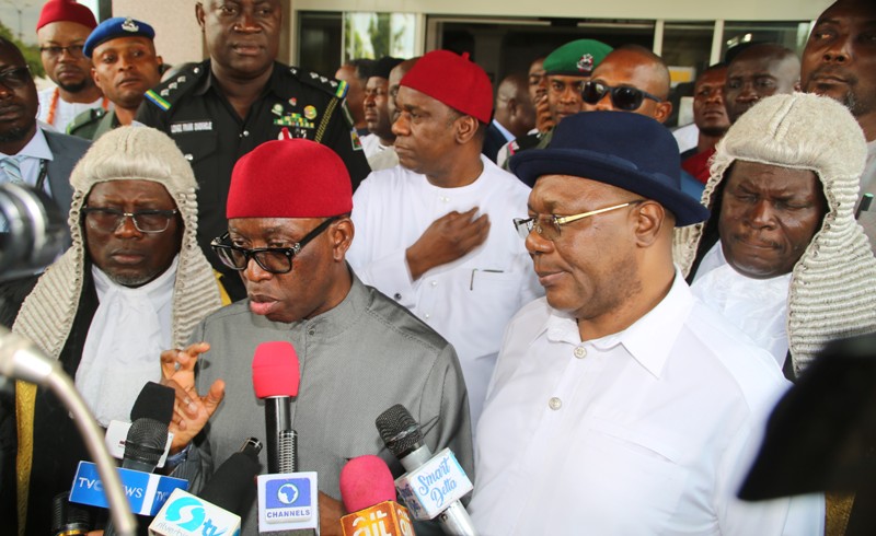 Delta Governor, Senator (Dr) Ifeanyi Okowa (2nd left), accompanied by his Deputy, Barr. Kingsley Otuaro (right), the Speaker of the State House of Assembly, Rt Hon Sheriff Oborevwori (left), and the Deputy Speaker, Rt Hon Christopher Ochor (behind the Deputy Governor), shortly after the presentation of the 2020 Appropriation Bill by the Governor in Asaba.