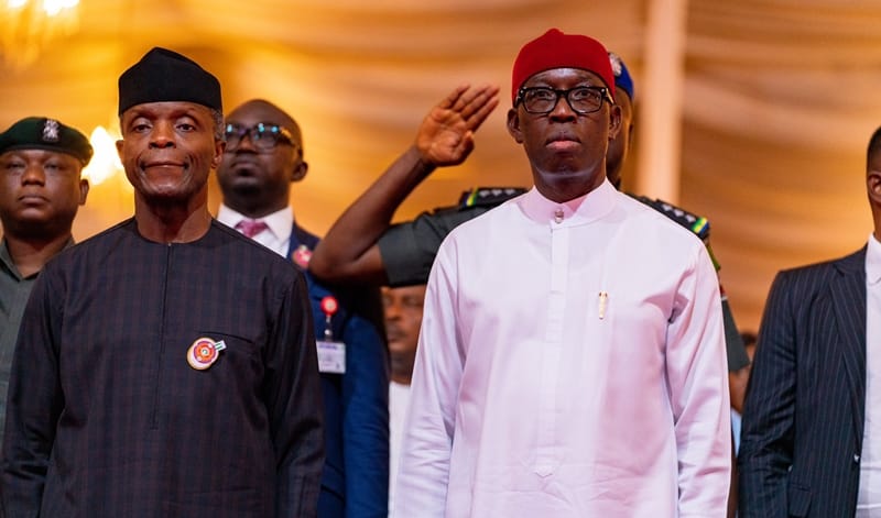 L-R: Vice President, Prof Yemi Osinbajo and Delta Governor, Senator (Dr) Ifeanyi Okowa at the 25th Edition of MSMEs Clinic at the Event Center, Asaba, Delta State