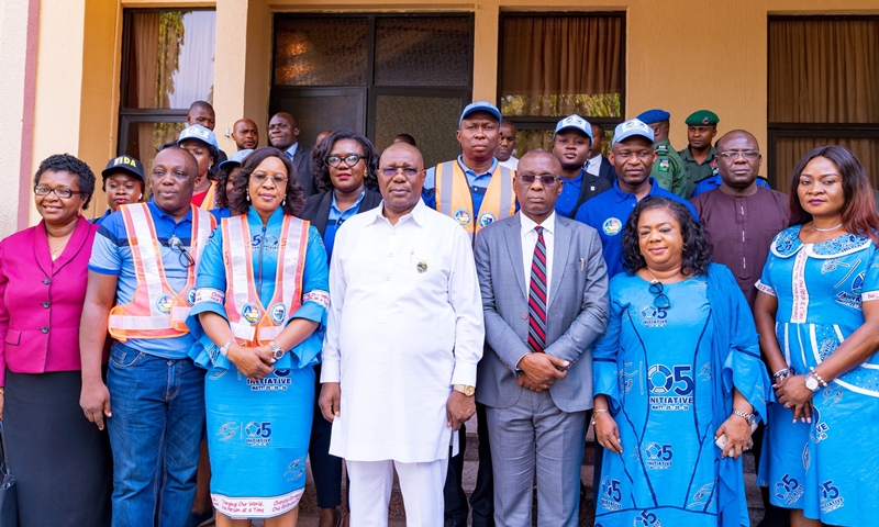Delta Deputy Governor, Barr Kingsley Otuaro (Center), Delta First Lady, Dame Edith Okowa (3rd Left), Delta Chief Judge, Justice Marshal Umukoro (3rd Right), Delta Attorney General, Barr Peter Mrakpor (2nd Left), Delta Commissioner for Women Affairs, Mrs Flora Alatan (2nd Right), Others at the One-Day Sexual and Gender Based Violence Stakeholders Conference held in Government House, Asaba on December 2, 2019