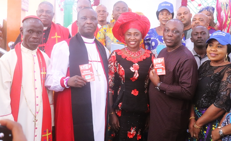 Chairman of the Delta State Taskforce on Human Trafficking and Irregular Migration, Mr. Peter Mrakpor (2nd right), Rt. Revd. Dr. Promise Dibie, Diocesan Bishop of Greater Light Diocese and his wife Bishop Mrs. Eucharia Dibie JP (middle), Dr. Mrs. Genevieve Mordi, SSA to the Delta State Governor on Int'l Relations with other officiating ministers and members of the Taskforce during a sensitization Campaign by the Taskforce to Agbor, Ika South Local Government Area