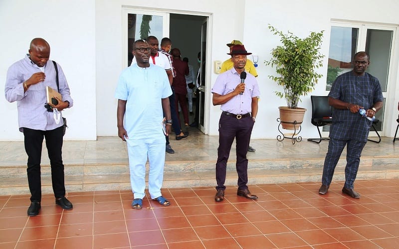 Commissioner for Information, Mr. Charles Aniagwu (2nd right); Commissioner, Bureau for Special Duties, Mr. Omamofe Pirah (2nd left); Delta ALGON Chairman and Chairman Isoko South local government Area, Hon. Itiako Ikpokpo (right) and Chairman, Warri South local government area, Dr. Michael Tidi, while briefing Journalists in Asaba, shortly after a meeting between the Governor and members of COVID-19 Committee, held in Government House, Asaba on Monday, April 6, 2020