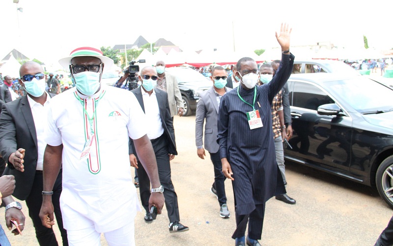 Delta Governor, Senator Dr. Ifeanyi Okowa (right) and the re-elected PDP Chairman, Delta State, Barr. Kingsley Esiso, during the Governor's arrival at the venue of the party's Congress on Saturday, August 8, 2020 (Pix: DTGH Press)