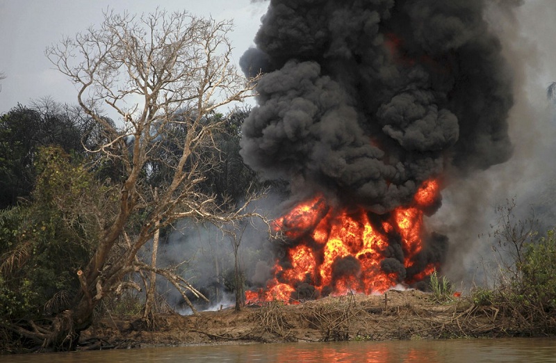 Burning of Illegal Refinery in Niger Delta which leads to Air and Water Pollution