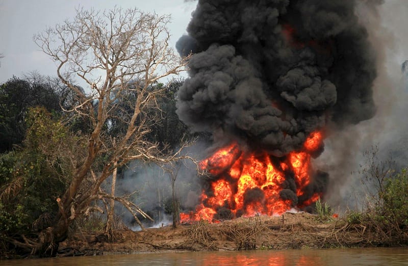 Burning of Illegal Refinery in Niger Delta which leads to Air and Water Pollution