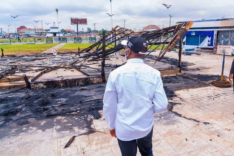 Governor Okowa Inspects Torched Recreational Center at Koka junction, Asaba Destroyed by Hoodlums during the EndSARS Protest