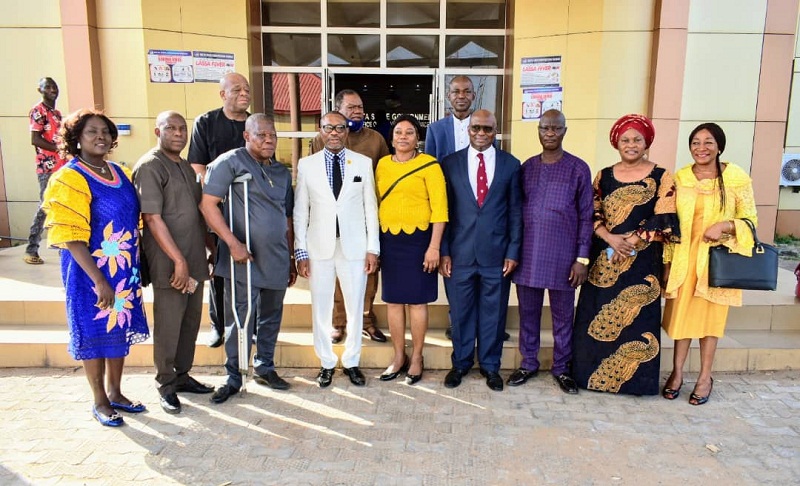 Delta State Head of Service, Mr. Reginald Bayoko in White Suit flanked by Retired Permanent Secretaries of the Delta State Civil Service on Monday, November 16, 2020