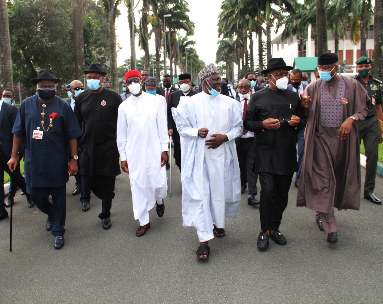 Representative of the President, and Chief of Staff to the President,Ambassador Ibrahim Gambari (3rd right); Deputy Senate President , Ovie Omo-Agege (right); Delta Governor, Senator Dr. Ifeanyi Okowa (3rd left); Rivers State Governor, Barr. Nyesom Wike (2nd right); Bayelsa State Governor, Senator Douye Diri and others, during the South-South Leaders Meeting with the Presidential delegation held in Government House, Port Harcourt, Rivers State on Tuesday, November 24, 2020 (Pix: Jibunor Samuel)