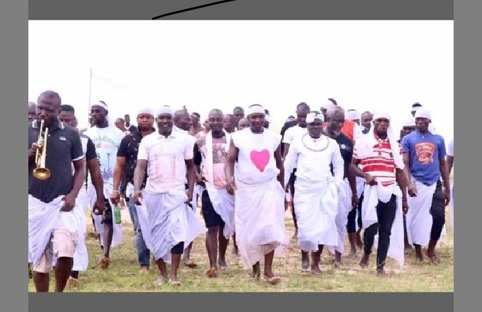 Tompolo (middle) during the thanksgiving festival of Bini-Ebi Madinor Bou , Ijaw Goddess of Love and purity, at Ogulagha kingdom