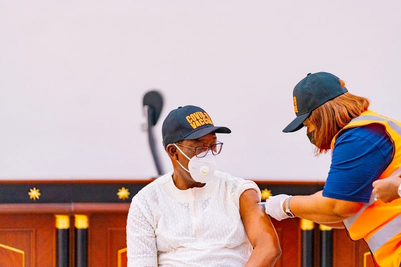 Delta Governor, Senator (Dr) Ifeanyi Okowa, receiving COVID-19 Vaccination in Government House,Asaba on Friday, March 12, 2021