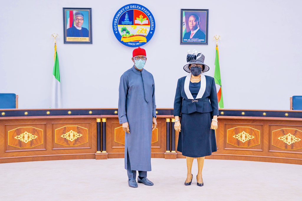 Delta Governor, Senator Dr. Ifeanyi Okowa (left) and the new Chief Judge of the State, Justice Theresa Diai, after her swearing-in at Government House, Asaba on Monday, May 24, 2021