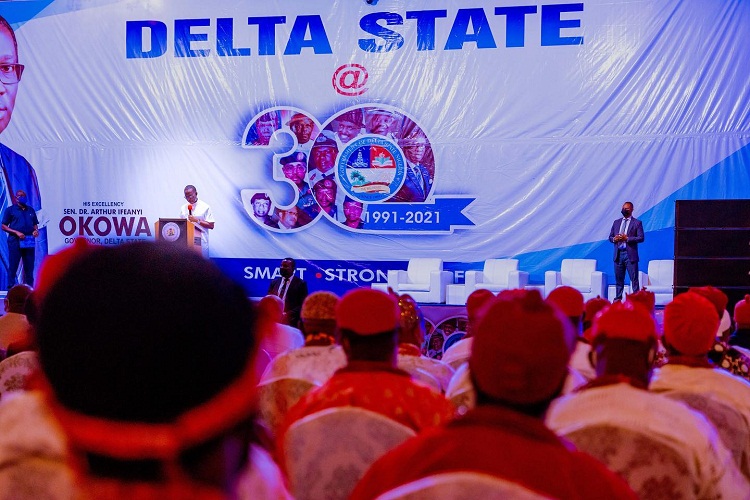 Delta Governor, Senator Ifeanyi Okowa, addressing stakeholders as part of activities marking the 30th anniversary of the creation of Delta State at the Event centre, Asaba. Tuesday, August 24, 2021