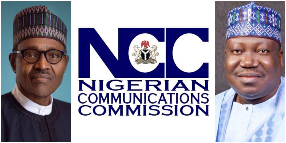 Picture Inset: President Muhammadu Buhari, NCC Logo and Senate President, Ahmad Lawan