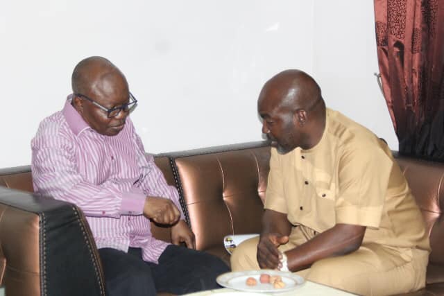 L-R: Former Governor Emmanuel Uduaghan praying for Engr Chris Iyovwaye during a consultation visit by the later.