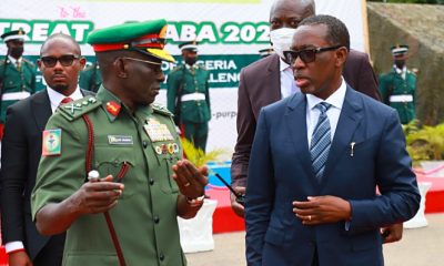 Delta Governor, Senator Dr. Ifeanyi Okowa (right), discussing with the Chief of Defence Staff, Gen. Lucky Irabor (left), at the opening of a four-day Nigeria Armed Forces Defence Retreat in Asaba on Monday, May 9, 2022