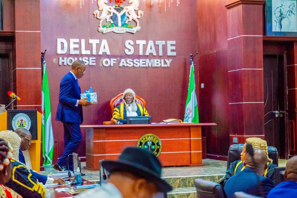Governor Okowa at the State House of Assembly carrying the 2023 Appropriation Bill of N561.8bn