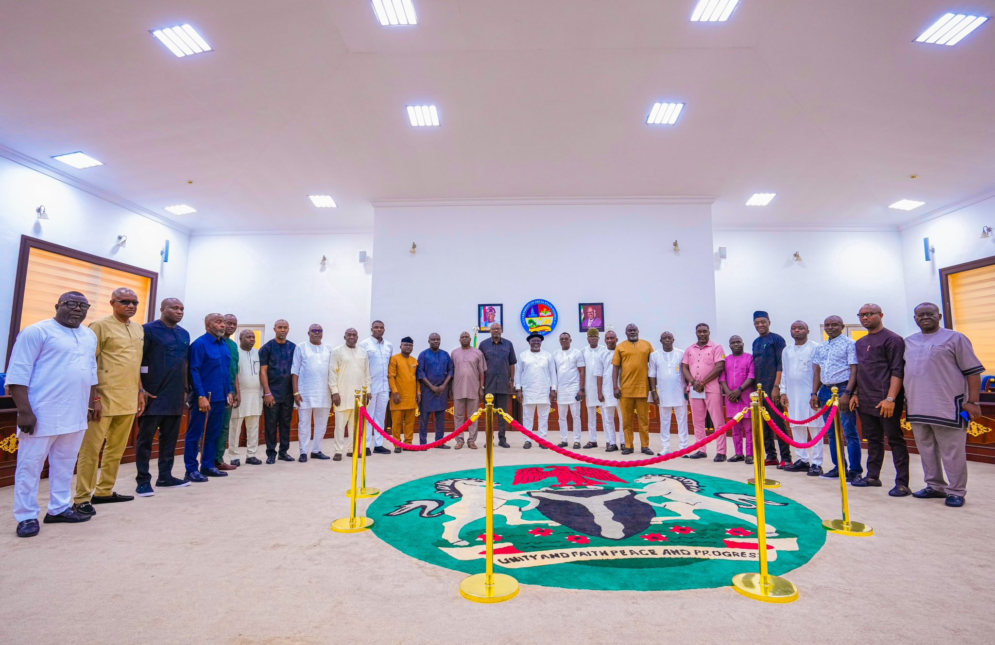 Delta Governor, Rt. Hon. Sheriff Oborevwori (middle) in a group photo with the State Council Chairmen shortly after a visit to the Governor in Government House, Asaba on Wednesday, June 14, 2023