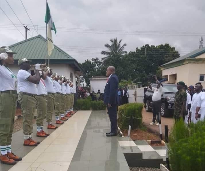 Representative of Delta Governor, Funkekeme Solomon at NYSC Orientation Camp, Issele-Uku during the Swearing in of the Batch B Stream 2 2023 Corps Members.