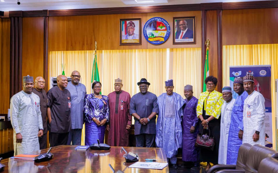 Delta Governor, Rt. Hon. Sheriff Oborevwori (6th left); Acting Executive Secretary, National University Commission, NUC, Chris Maiyaki (6th right); Prof. Ahmed Alkali (5th left),the Vice Chancellor, University of Delta, Agbor, Prof. Stella Chiemeke (4th left) and other officials of the Commission shortly after a courtesy visit on the Governor in Government House, Asaba on Monday, August 21, 2023.