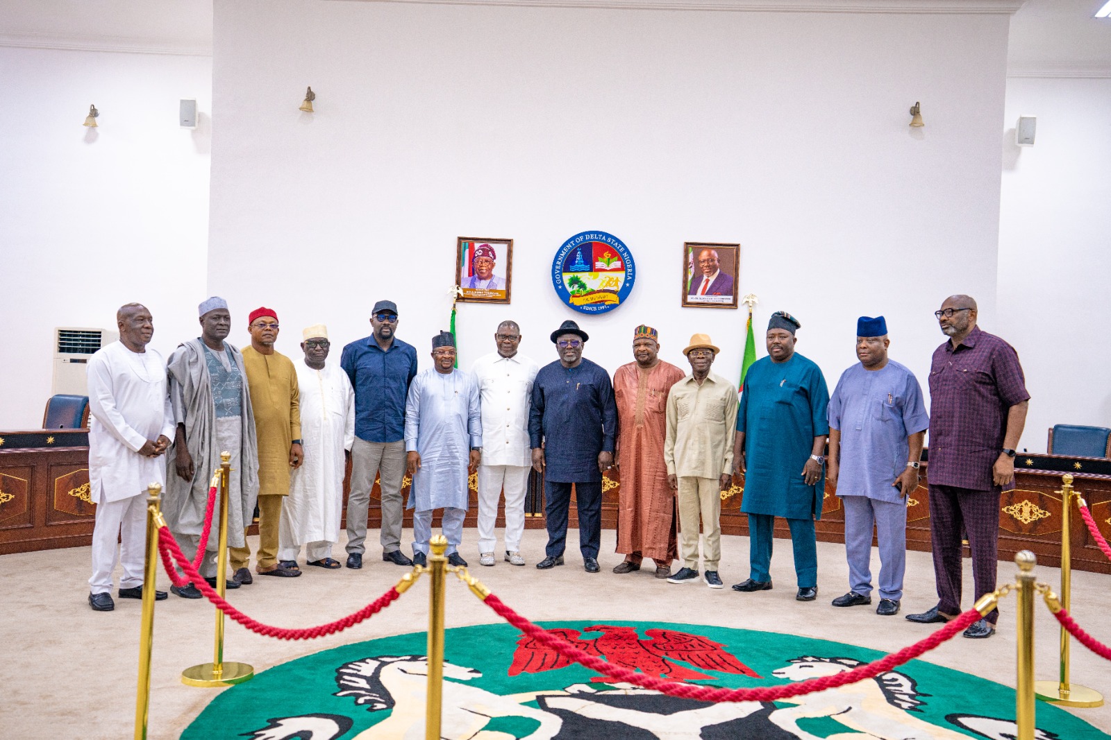 Delta Governor, Rt. Hon Sheriff Oborevwori (6th right), his Deputy, Sir, Monday Onyeme (7th left), Secretary to Delta State Government, Dr. Kingsley Emu (right), and the Senior Political Adviser to the Governor, Senator Emmanuel Aguariavwodo (left), with the Chairman, Senate Adhoc Committee on East-West Road, Senator Abdul Ningi (5th right), and other members of the Committee shortly after their courtesy visit on the Governor in Asaba on Tuesday, August 8, 2023