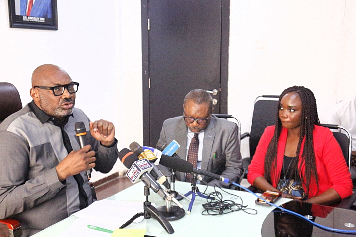 The Secretary to Delta State Government, and Chairman of the State Steering Committee on Polliative Distribution, Dr. Kingsley Emu (left), Head of Delta State Civil Service, Mr. Reginald Bayoko (2nd left) and the Commissioner for Girl Child Entrepreneurship and Humanitarian Support Services, Orode Uduaghan during a press briefing by members of the Committee in Asaba on Monday, September 11, 2023 (Pix: Samuel Jibunor)
