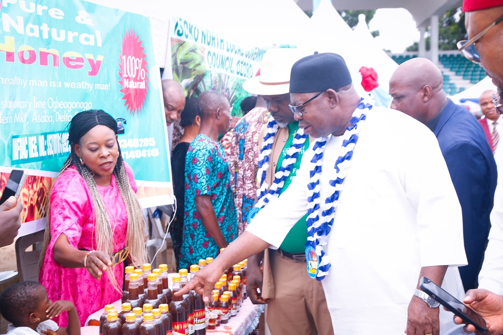 The Deputy Governor of Delta State, Sir. Monday Onyeme (right), making enquiries on the honey on display by Mrs Okuchi Nkechi( left) as he inspects exhibition stand during the 2023 World Food Day celebration in Asaba on Monday. With him are Commissioner for Agriculture and Natural Resources, Mr. Perez Omoun (2nd right).