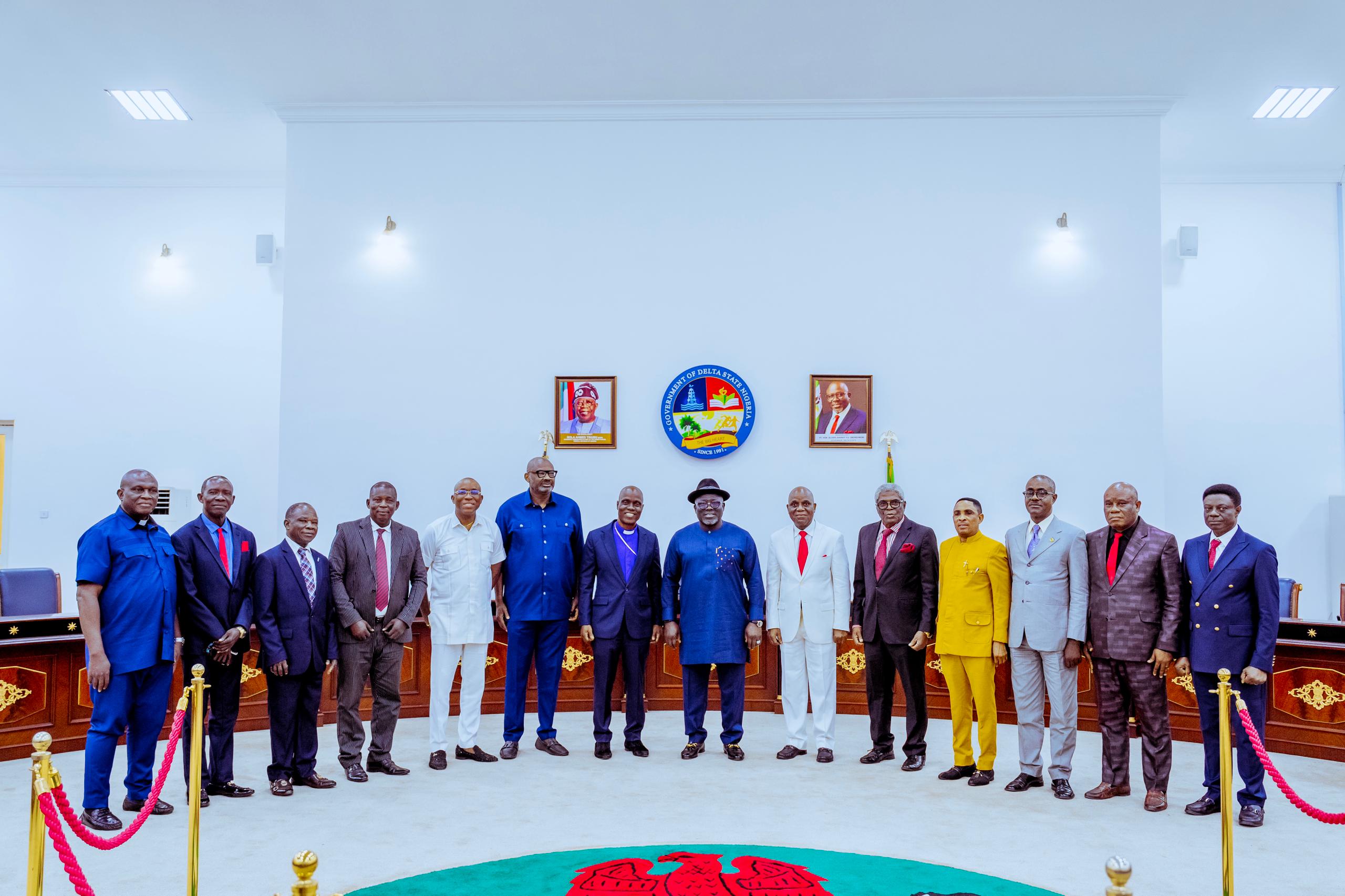 Delta Governor, Rt. Hon Sheriff Oborevwori (7th right), Secretary to the State Government (SSG), Dr. Kingsley Emu (6th left), the Chairman, Pentecostal Fellowship of Nigeria, Delta State Chapter, Bishop Kingsley Enakirehi (6th right), and other Executive members of Pentecostal Fellowship of Nigeria shortly after a courtesy call on the Governor in Government House, Asaba on Tuesday, October 24, 2023
