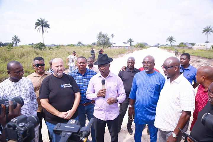 Delta State Commissioner for Works (Rural Roads and riverine) Mr. Charles Aniagwu (3rd left) addressing journalists shortly after his Inspection of construction work on Ohorhe/Adagbrasa /Ugolo/Okuodiete Road with a spur from Adagbrasa - Ugolo through Ughwagba community to Okan junction in Okpe Local Government Area on Wednesday .With him are Chief Press Secretary to the Governor, Sir. Festus Ahon (3rd right), Acting Permanent Secretary, Works ( Rural Roads), Engr. Aghagba Solomon (2nd right), the Head, Roadwell Constructing Limited, Milael Chiguaroy (2nd left),and a community leader, Barr. Clement Osieta