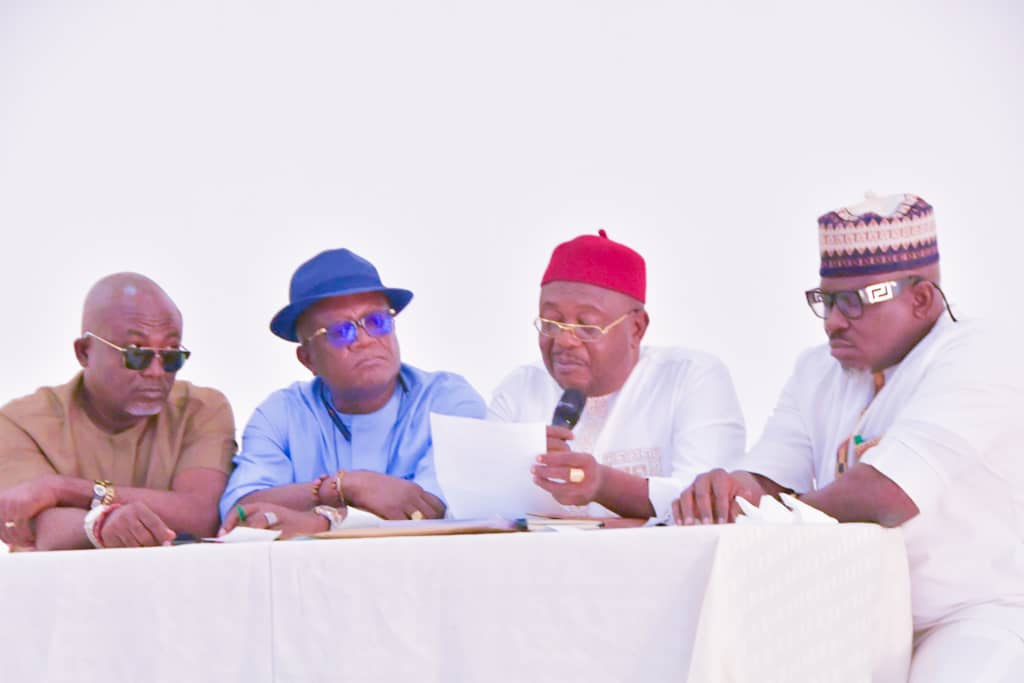 Delta State Commissioner for Information, Dr. Mike Osuoza (middle), his Works (Highways and Urban), counterpart, Hon Reuben Izeze (right), the Director General, Warri, Uvwie and Environs Development Agency, Prince Godwin Ejinyere (2nd left), and the Chief Press Secretary to to Governor, Sir Fetus Ahon, briefing Journalists shortly after the State weekly Executive Council meeting at Government House, Asaba on Thursday, February 8, 2024