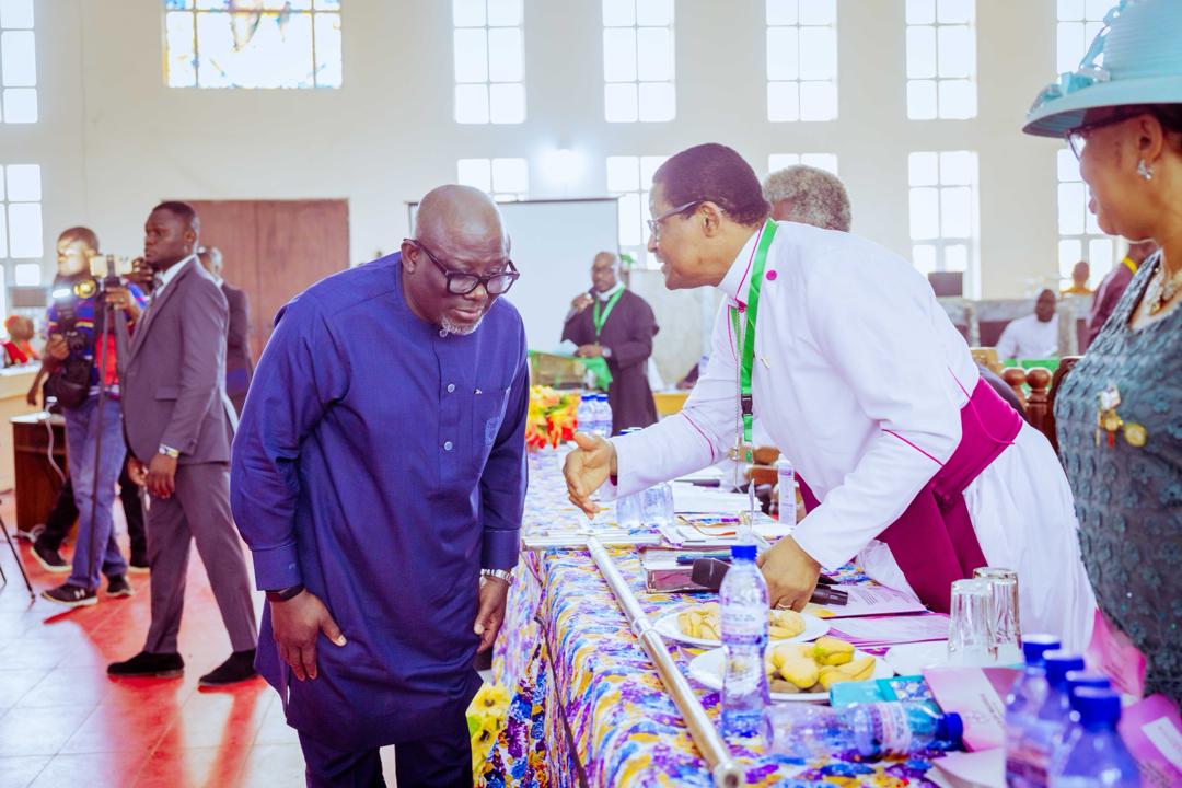 Delta State Governor, Rt Hon Sheriff Oborevwori (left) greets Archbishop Metropolitan, and Primate of All Nigeria Anglican Communion, Most Rev'd Henry Ndukuba (middle) and the wife of the Primate, Mrs Angela Ndukuba  during the opening of the Standing Committee meeting of the Church and the celebration of the 45th Anniversary of the Province of Nigeria at the Anglican Cathedral Church of Ascension, Boji-Boji, Owa on Wednesday, February 7, 2024.