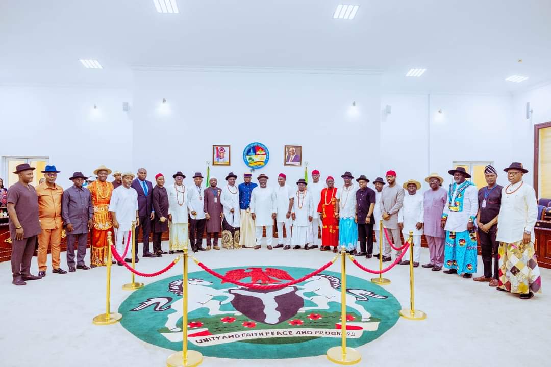 Delta Governor Rt. Hon. Sheriff Oborevwori (13th left), Chairman, Warri South LGA, Dr Michael Tidi,(12th left), Chairman, ALGON, and Chairman, Ika North-East, Barr Victor Ebonka (13th right) and Chairmen of other local government councils of the state shortly after the valedictory Joint Account Allocation Committee (JAAC) meeting at Government House, Asaba on Thursday, February 29, 2024