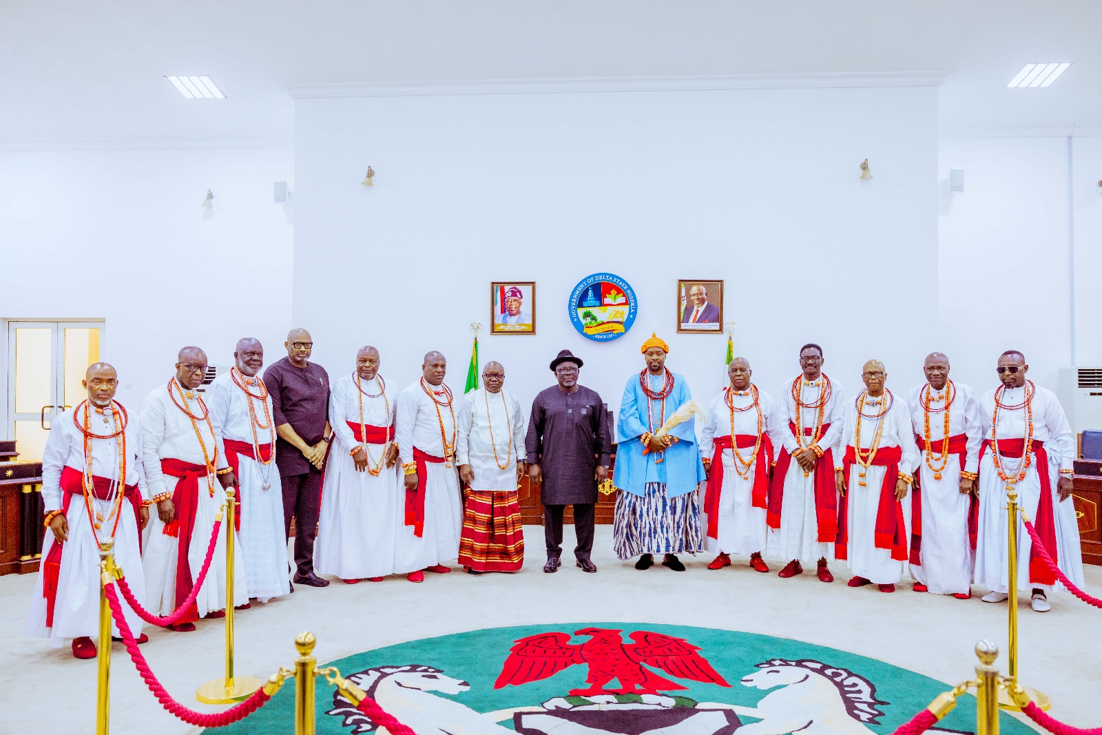 Delta Governor, Rt Hon Sheriff Oborevwori (7th right), HRM, Ogiame Atuwatse III, the Olu of Warri Kingdom ( 6th right) former Governor of Delta State, Dr Emmanuel Uduaghan (7th left ), Secretary to State Government, Dr Kingsley Emu ( 4th left) and some High Chiefs of the Olu's Palace who accompanied the monarch on a courtesy visit to the Governor at Government House, Asaba on Tuesday, February 13, 2024