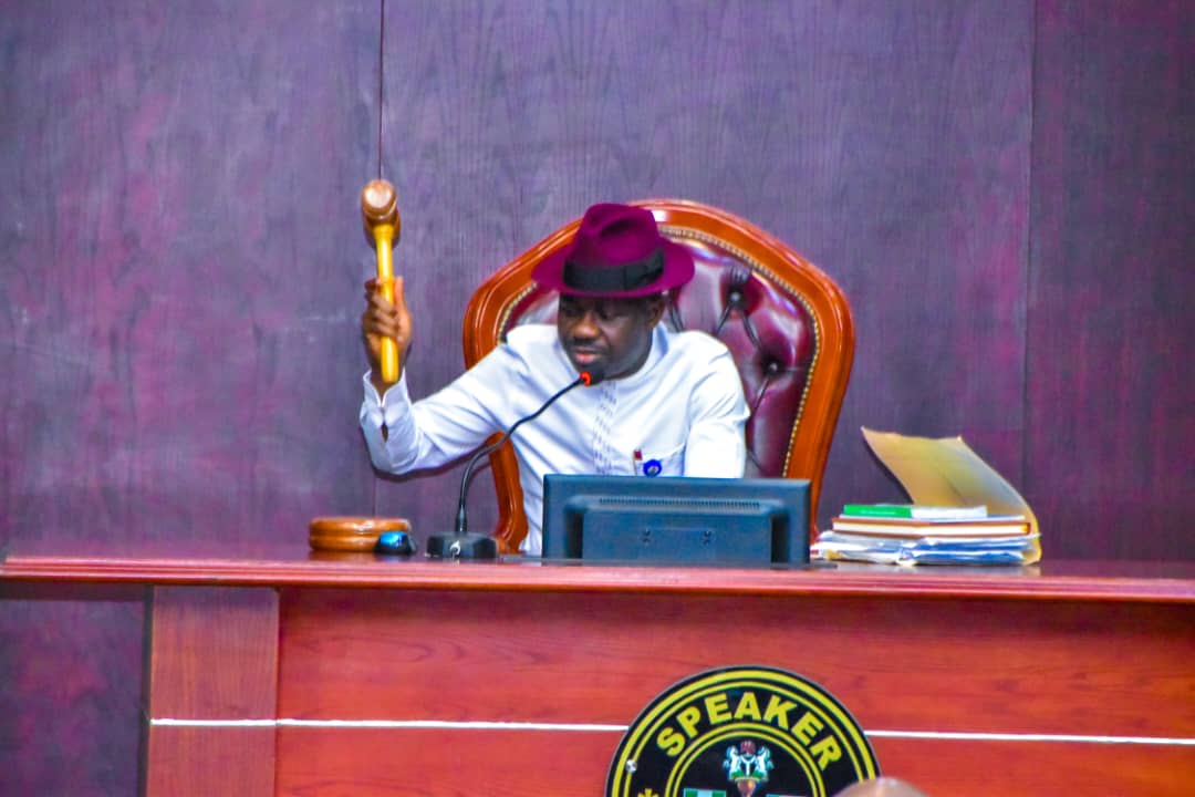 Delta Assembly Speaker, Rt. Hon. Emomotimi Guwor hits the gavel on a resolution.