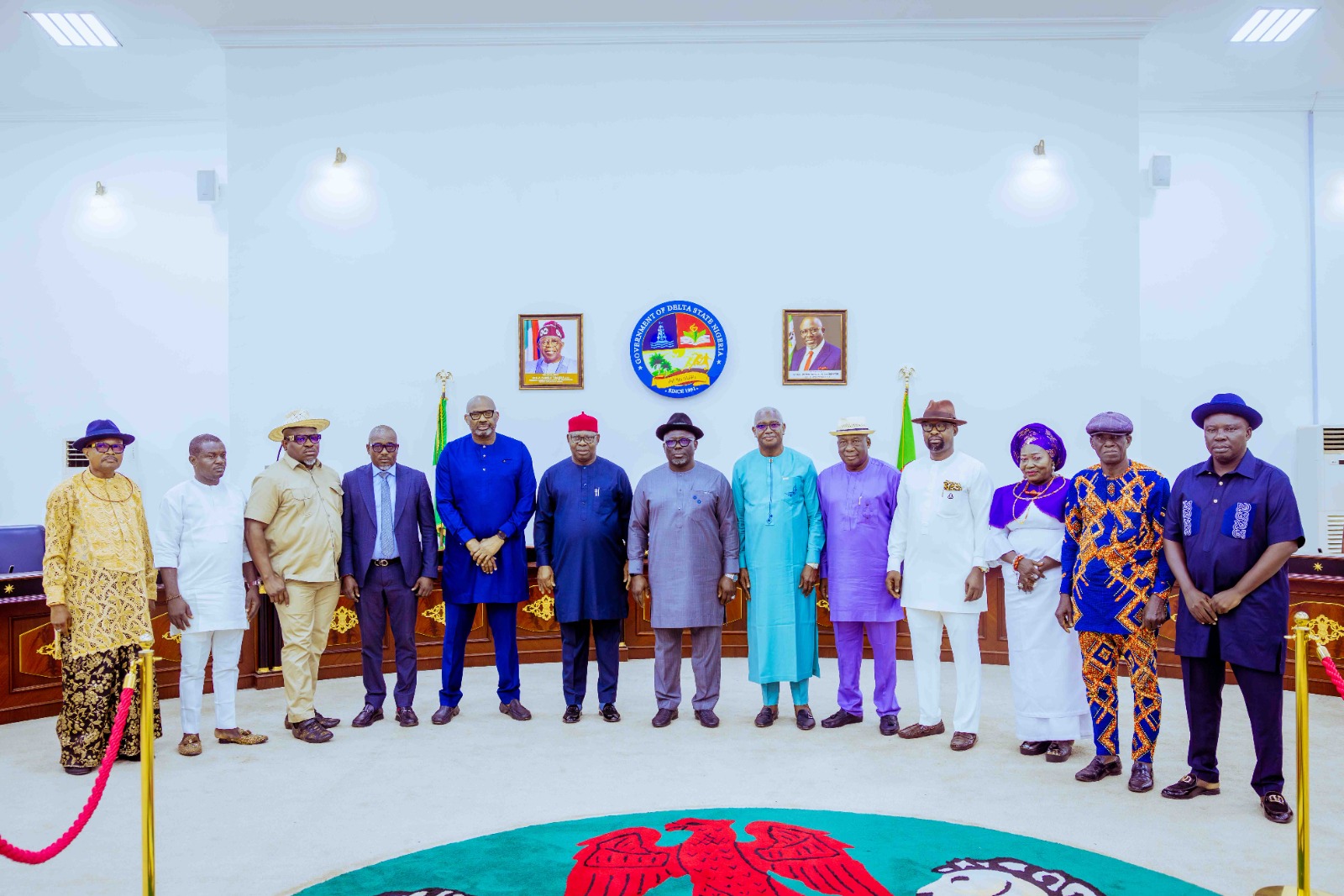 Delta Governor, Rt .Hon. Sheriff Oborevwori ( middle), his Deputy, Sir Monday Onyeme (6th left), Secretary to State Government, Dr Kingsley Emu (5th left), the Chairman, Ewu Internally Displaced Persons ( IDP) Management Committee, Mr. Abraham Ogbodo (6th right) and other members of the committee shortly after their inauguration at Government House, Asaba on Wednesday, April 24, 2024