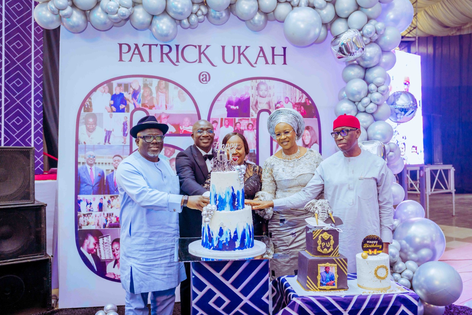 Delta Governor, Rt Hon Sheriff Oborevwori, (left), his predecessor, Senator Ifeanyi Okowa ( right) and his wife, Dame Edith Okowa (2nd right), Chief Patrick Ukah (2nd left) and his wife, Perpetual as he cuts his 60th birthday anniversary cake in Asaba on Wednesday, April 10, 2024
