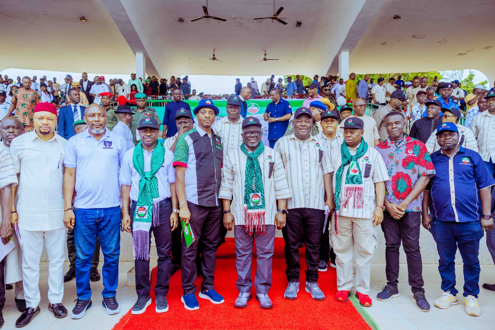 Delta Governor, Rt. Hon Sheriff Oborevwori (5th left), his Deputy, Sir Monday Onyeme (3rd right), Speaker of State House of Assembly, Rt Hon Emomotimi Guwor (3rd left), Deputy Speaker, Rt. Hon Arthur Akpowowo (2nd left), Majority Leader Engr Emeka Nwobi (Left), Delta NLC Chairman, Comrade Goodluck Ofobruku (4th right), Delta TUC Chairman, Comrade Martin Bolum (4th left), and others during the 2024 May Day celebration in Asaba on Wednesday, May 1, 2024