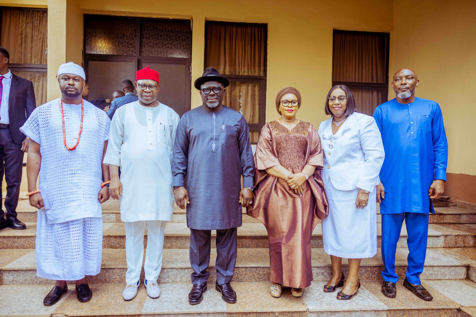 Delta Governor, Rt. Hon Sheriff Oborevwori (3rd left), his Wife, Deaconess Tobore Oborevwori (3rd right), his Deputy, Sir Monday Onyeme (2nd left), Deputy Speaker, Delta State House of Assembly, Rt Hon Arthur Akpowowo (left), with the newly sworn-in Chairman and a member of the State Civil Service Commission in Asaba on Friday.