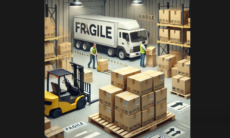 Warehouse workers prepare large packages for shipping, carefully stacking and wrapping items on pallets, while a forklift and delivery truck ensure efficient transportation. (Image Source: Generated by OpenAI's DALL·E.)