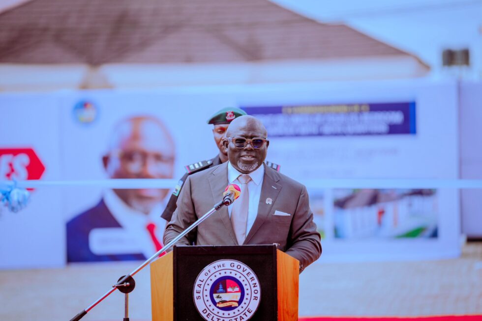Governor Sheriff Oborevwori speaking at the official commissioning of 8 Units of 4-Bedroom Duplexes built by his administration for Commissioners at Asaba on Monday, June 2, 2025.