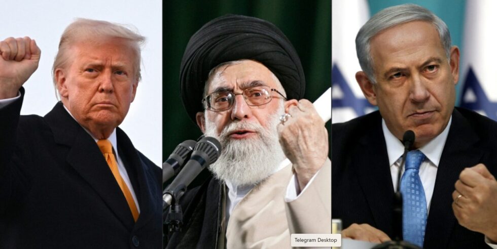 (FILES) This combination of pictures created on June 18, 2025 shows: US President Donald Trump pumping his fist as he boards Air Force One at Joint Base Andrews in Maryland on March 7, 2025; Iran's supreme leader Ayatollah Ali Khamenei delivering a speech in Tehran on June 4, 2007; Israeli Prime Minister Benjamin Netanyahu gesturing as he delivers a speech in Jerusalem on August 27, 2014. (Photo by AFP)