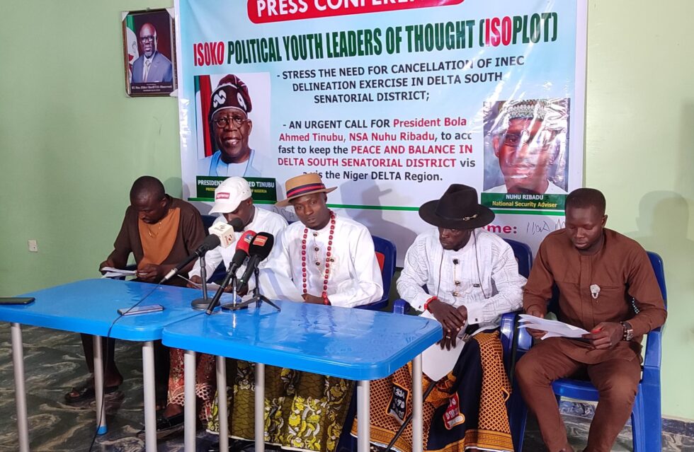 Chairman of Isoko Political Youth Leaders Of Thought (ISOPLOT), Comrade Daniel Omoraro, speaking at a briefing in Asaba.