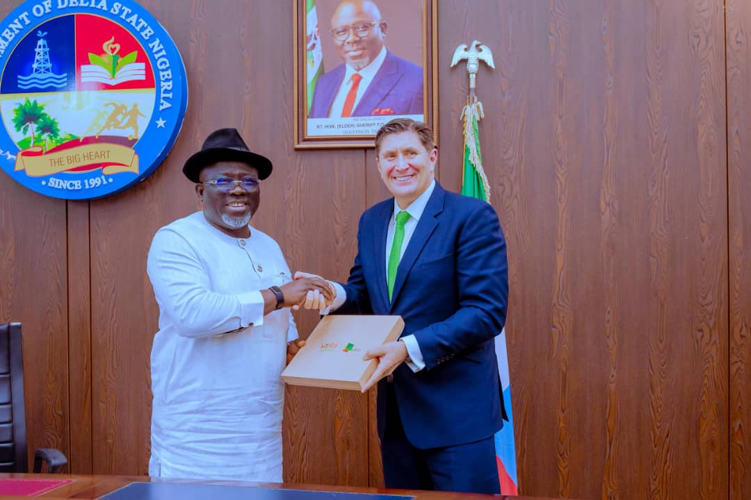 Governor Sheriff Oborevwori of Delta State (left), receiving a souvenir from the Chief Executive Officer (CEO), Seplat Energy PLC, Mr. Roger Brown