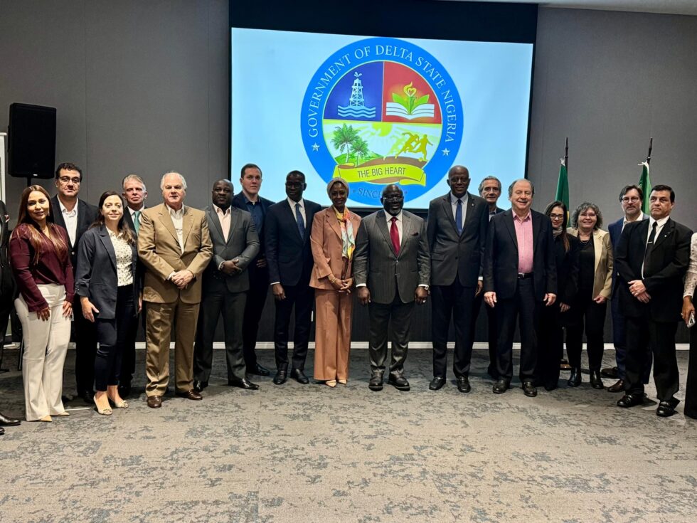 Delta State Governor, Rt. Hon. Sheriff Oborevwori (middle); Governor of the Central Bank of Nigeria, Mr. Olayemi Cardoso (6th right); Executive Director, Kaduna Consulting, Mr. Roberto Giannetti (5th right); with Brazilian investors, at the Delta State-Focused Business and Investment Roundtable in São Paulo, Brazil, on Thursday, August 28, 2025.