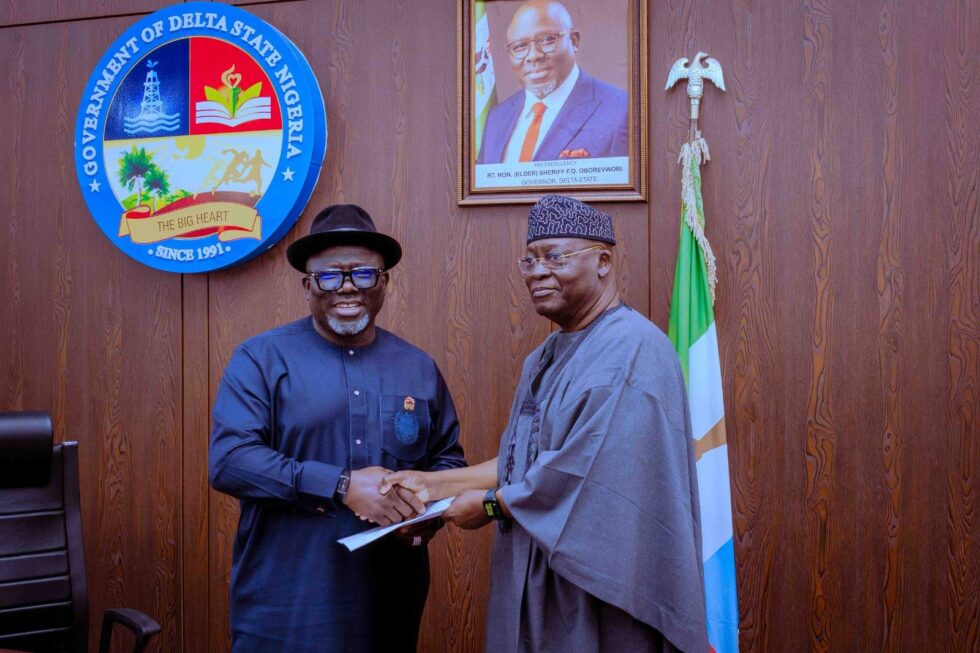 L-R: Governor Sheriff Oborevwori and Prince Senator Adedayo Adeleye during a courtesy visit by the Board of Directors of the Nigerian Ports Authority (NPA) to the governor on Monday, August 25, 2025