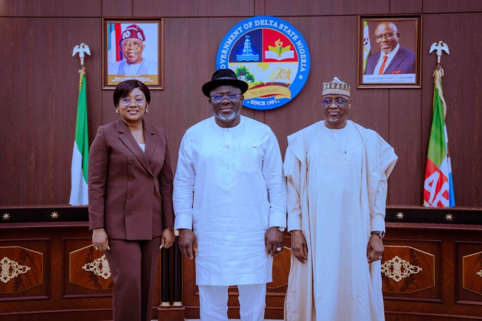 Delta State Governor, Rt. Hon. Sheriff Oborevwori (middle), representative of the MD/CEO, Federal Mortgage Bank, Dr. Mohammed Abdu (right) and the Executive Director, Business Development & Portfolio Management, Mrs. Chineye Anosike (left), during a courtesy visit by the Management of the Bank on the Governor, in Government House, Asaba on Tuesday.